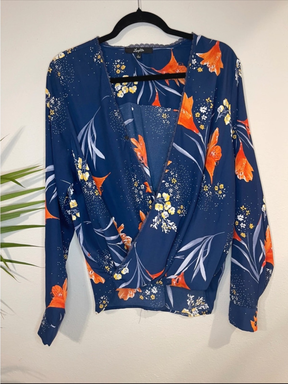 Women's Navy Floral Wrap Blouse with Orange Bloom